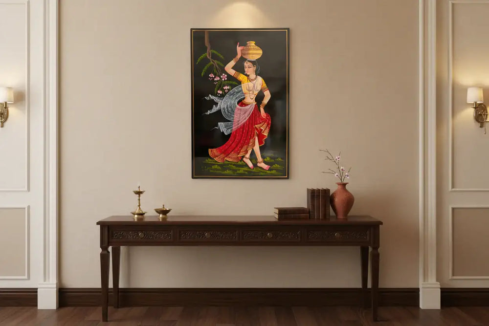 Graceful village woman carrying pot Nirmal painting