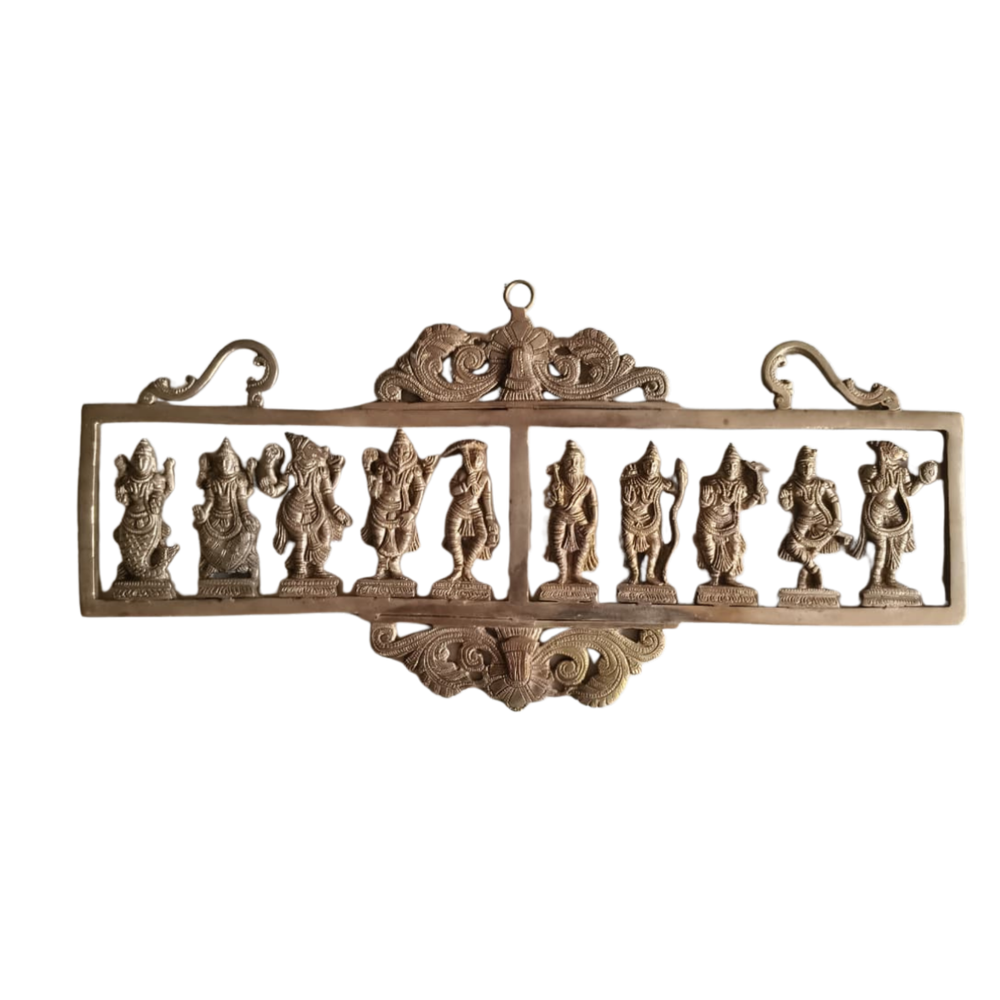 Handcrafted Brass Dashavatara Wall Hanging – Ten Incarnations of Lord Vishnu Panel   Brass Artwork