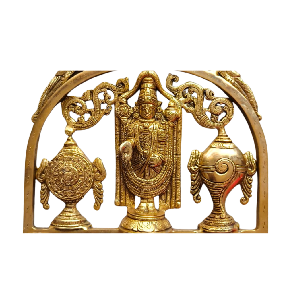 Lord Venkateswara Brass Wall Hanging with Shankh & Chakra - Balaji Prabhavali Wall Art   Brass Artwork