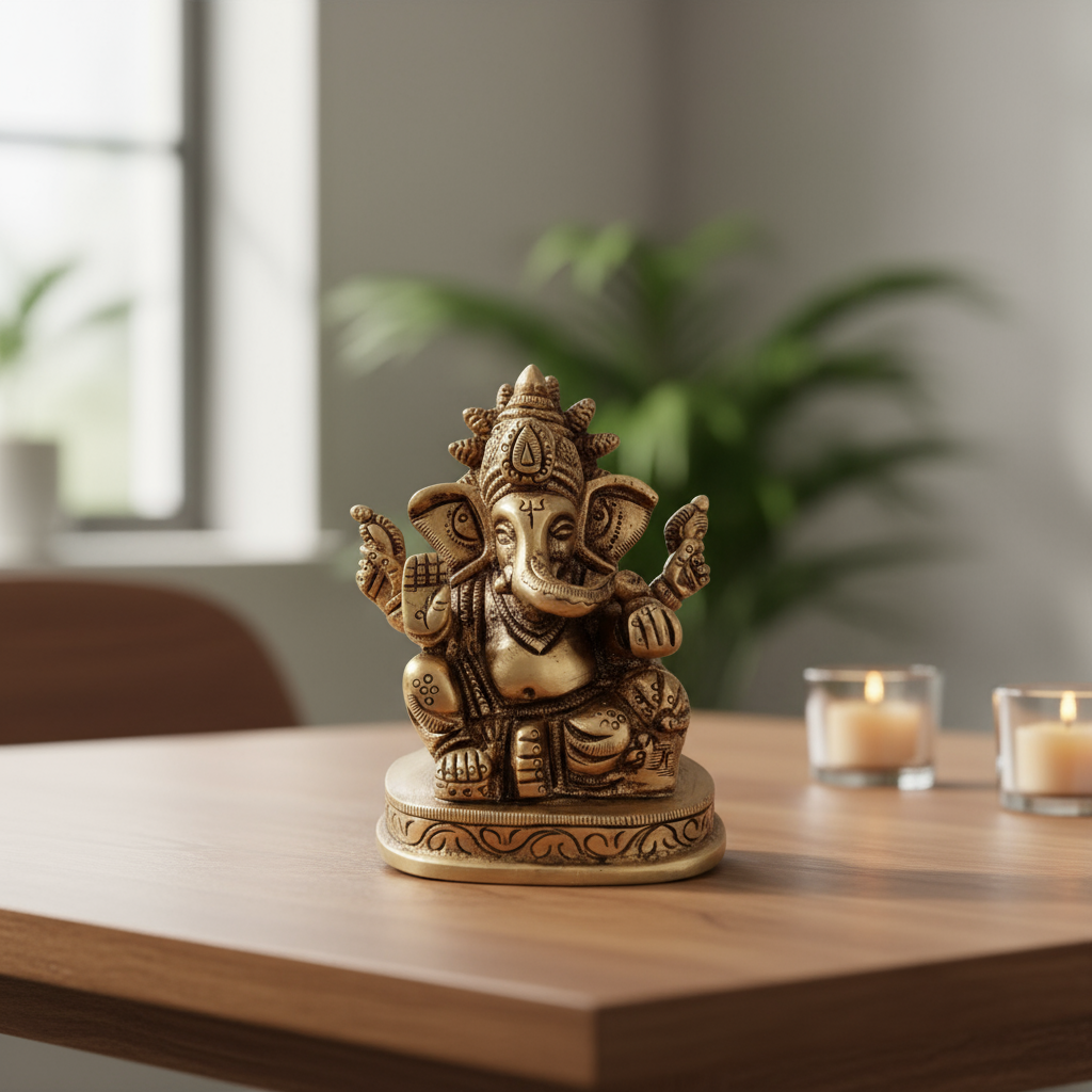 Brass Lord Ganesha Idol – Seated Four-Armed Remover of Obstacles for Auspicious Beginnings