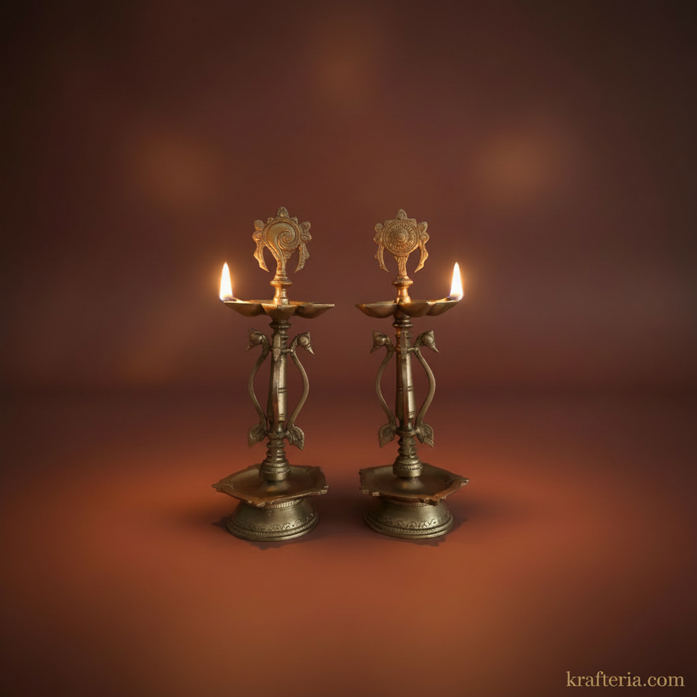 Grand Brass Shankh Chakra Pedestal Lamps | Pair of Traditional Tall Vishnu Symbol Diyas   Brass Artwork