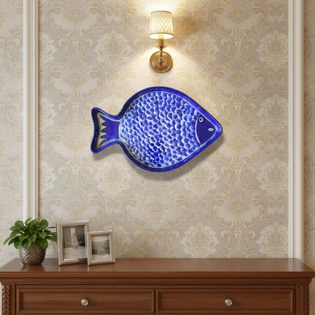 Deep Blue Pottery Fish Wall Decor | Hand-Painted Quartz Art