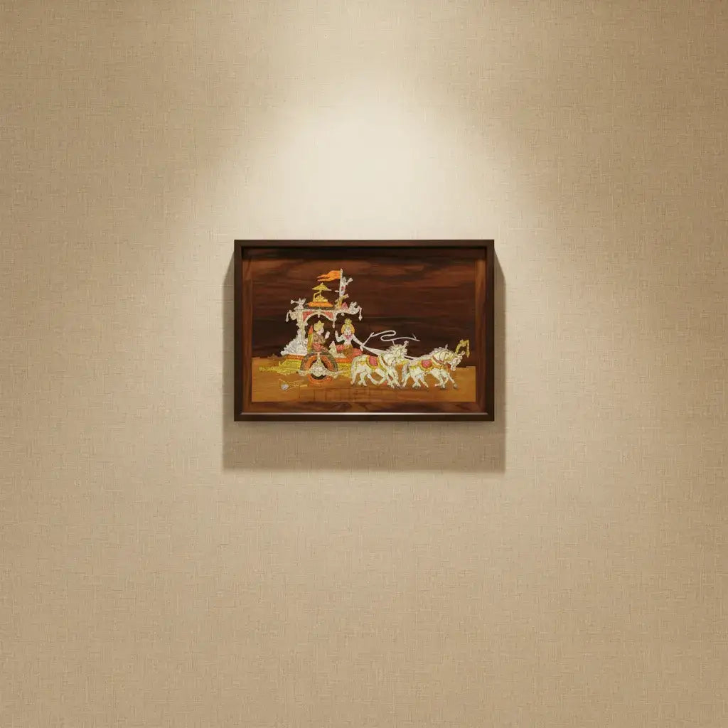Gita Upadesh Inlay Art – Krishna and Arjuna Scene in Rosewood Frame Arun