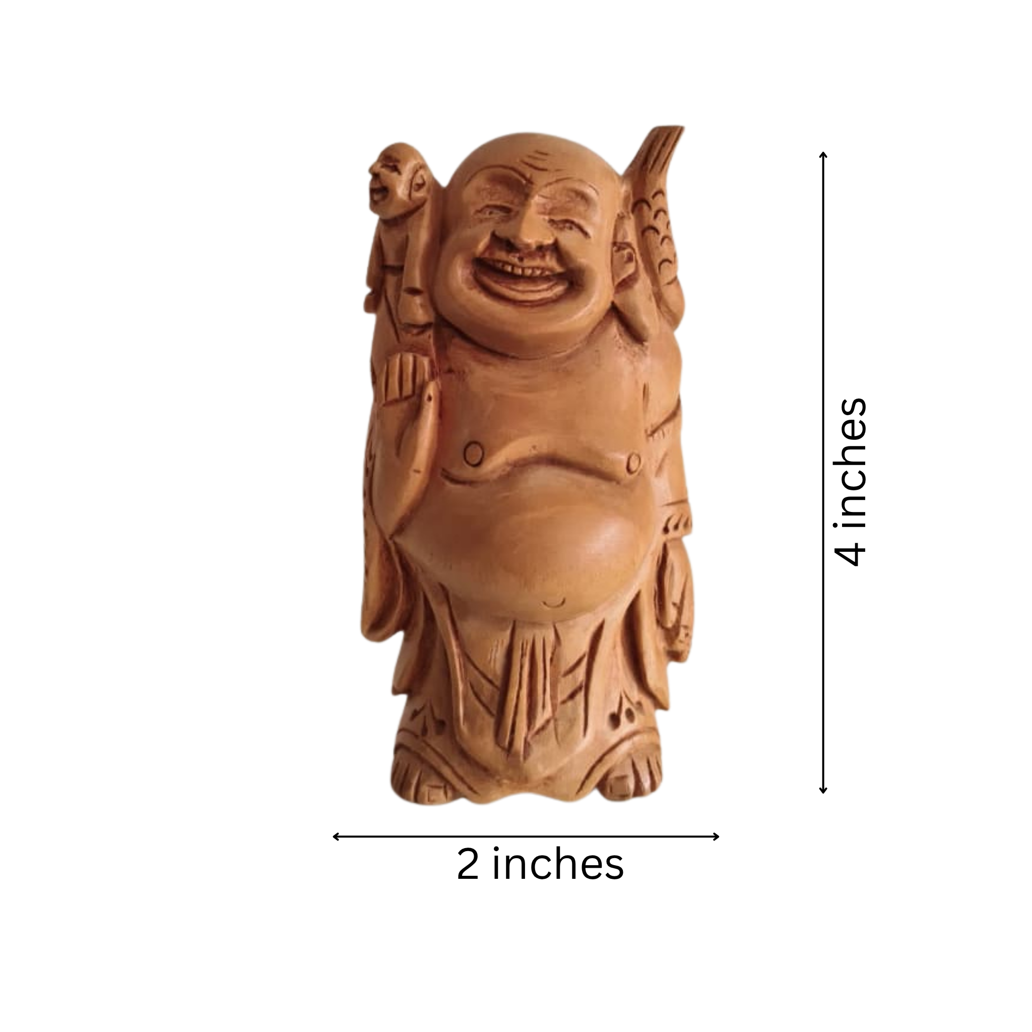 Hand-Carved Wooden Laughing Buddha with Child and Fish