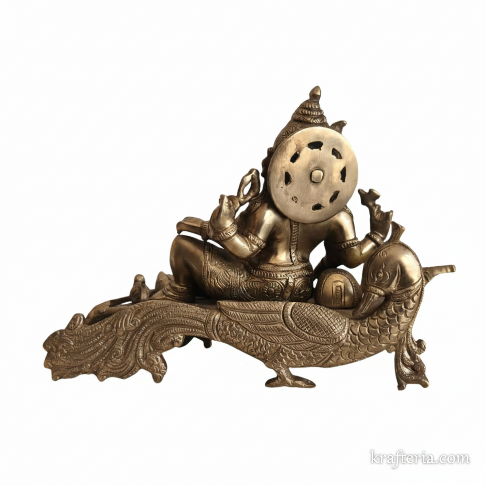 Brass Reclining Ganesha Statue – Traditional Relaxed Ganesha on Peacock Couch Idol   Brass Artwork