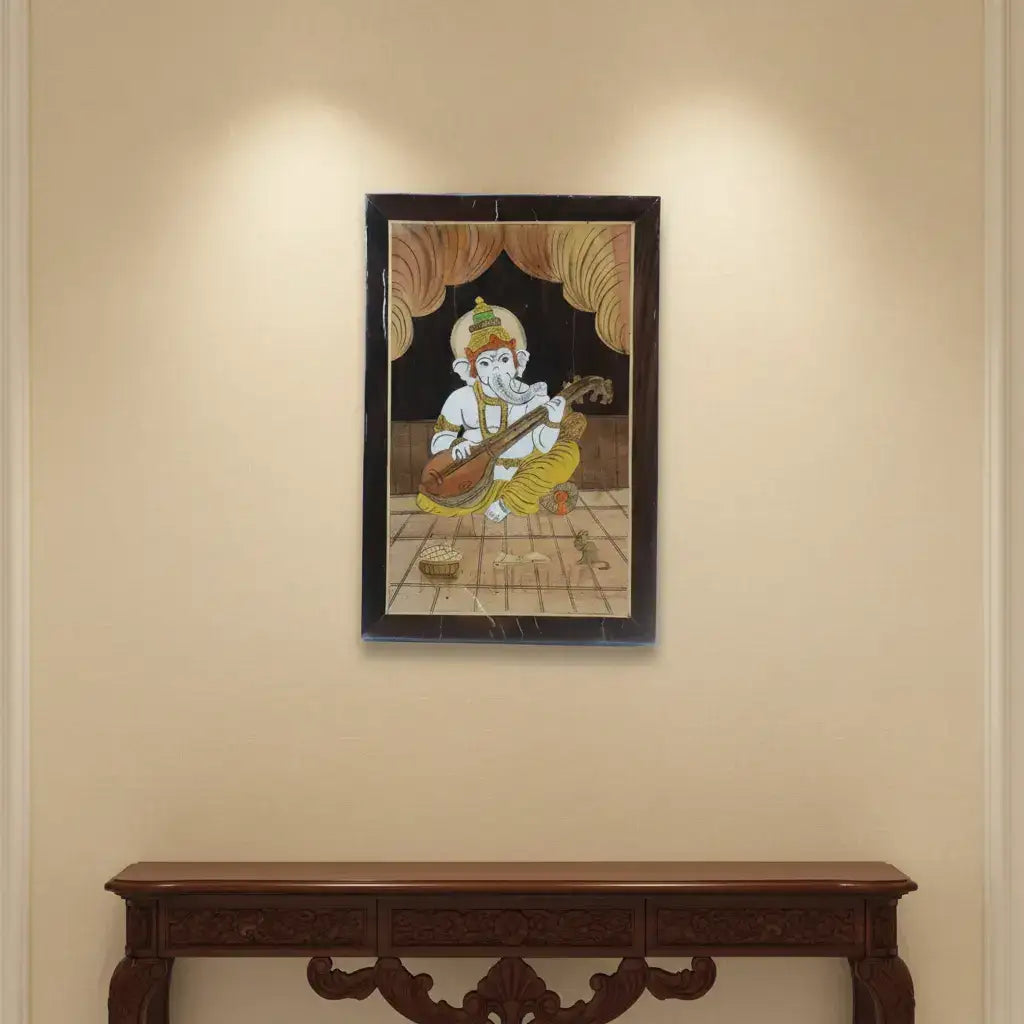 Ganesh in Temple Scene – Wooden Inlay Spiritual Artwork for Home & Office Arun
