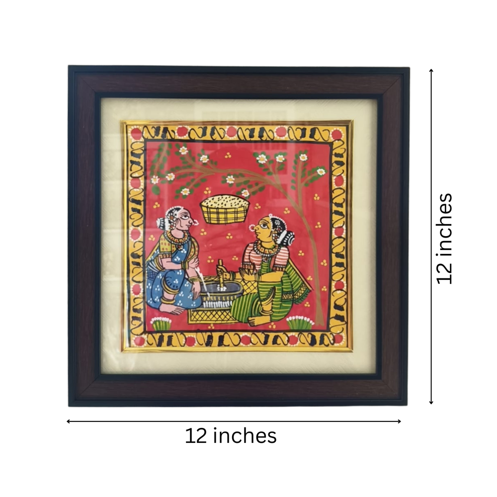 Traditional Grinding Stone Village Artwork - Framed Cheriyal Painting   Cheriyala Painting
