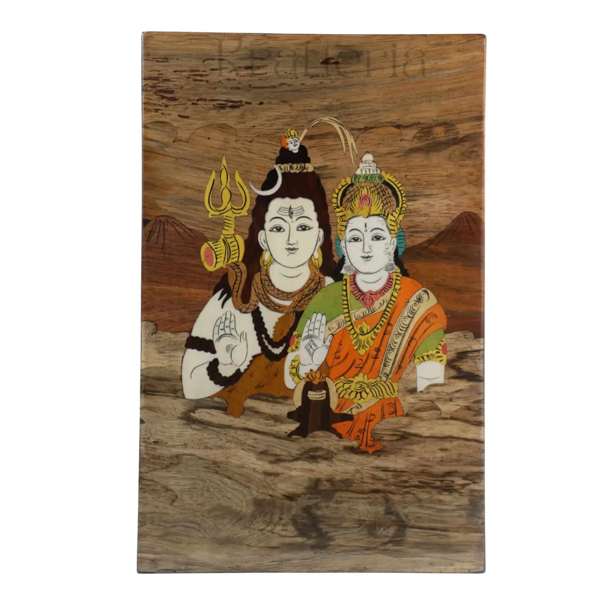 Wooden Inlay Shiva Parvati Frame – South Indian Handmade Spiritual Art Arun