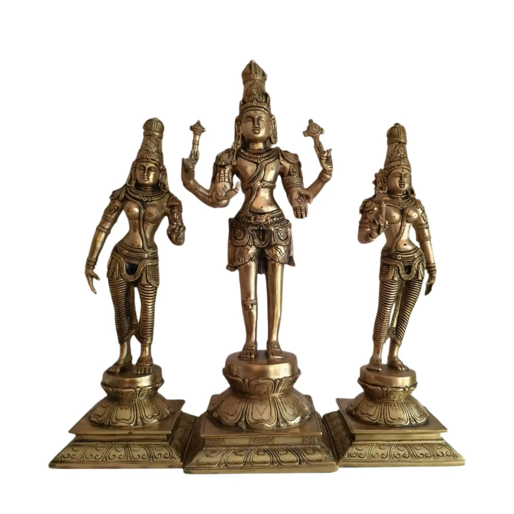Brass Vishnu Lakshmi Bhudevi Statue Set – Antique Finish Hindu Deity Trio Idol   Brass Ware