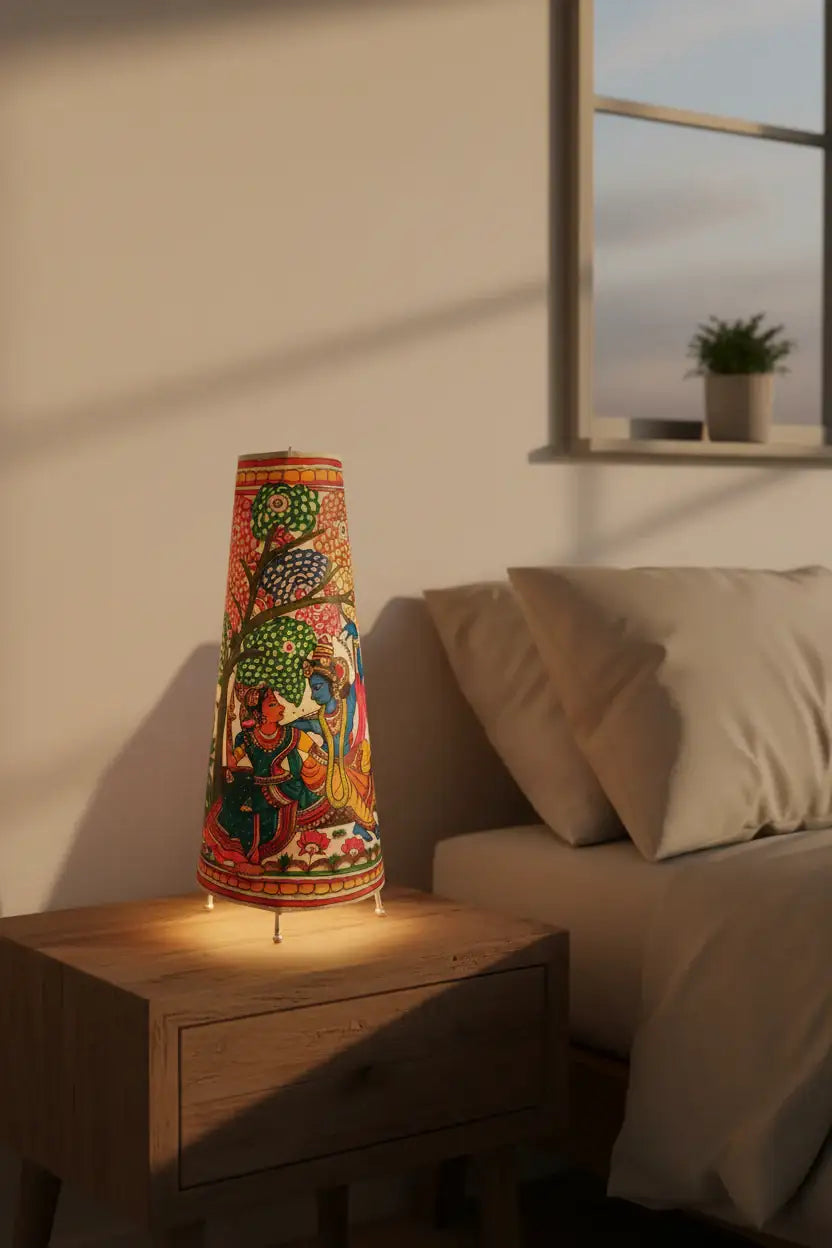 Radha Krishna Leather Puppetry Lamp Bed Lamp - Traditional Indian Leather Art   Leather Paintings