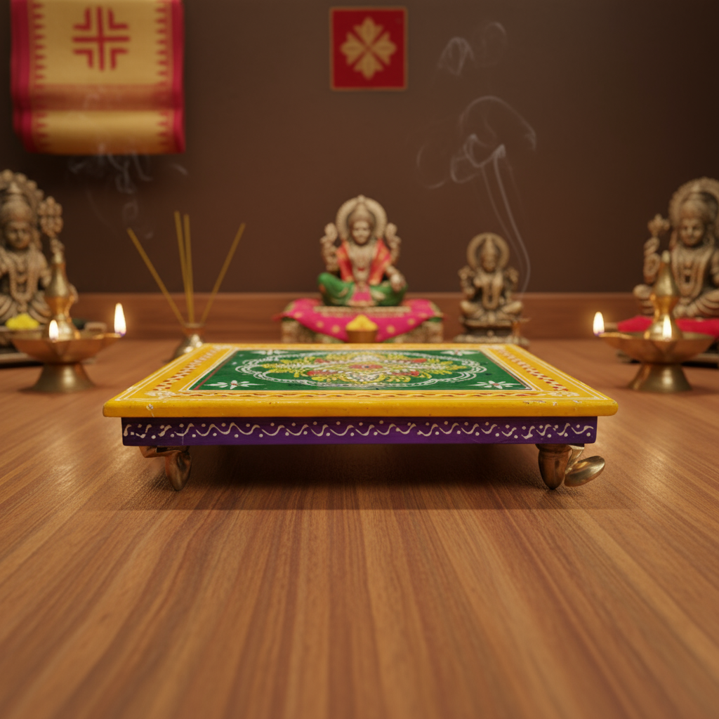 Hand-Painted Wooden Pooja Stool (Chowki) with Traditional Design