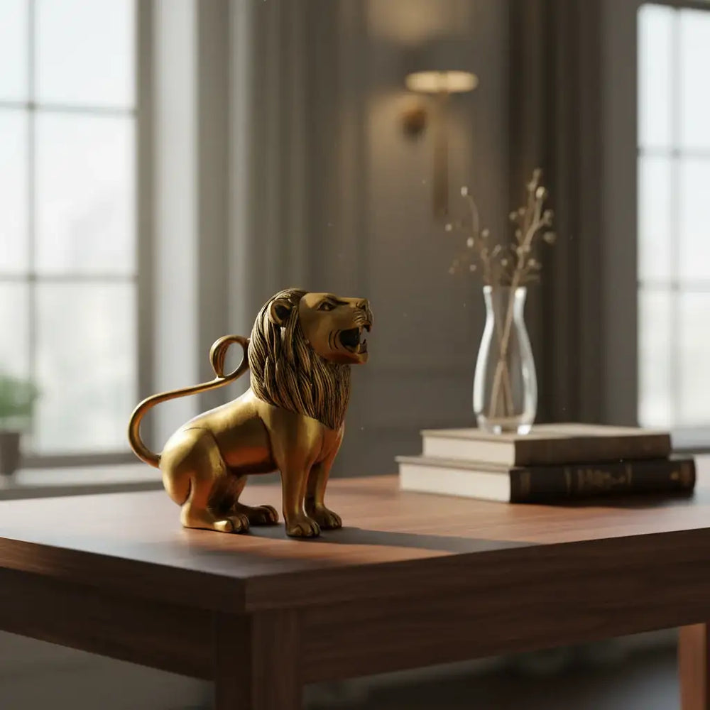 Regal Brass Lion Statue - Majestic Animal Figurine for Home Decor   Brass Ware