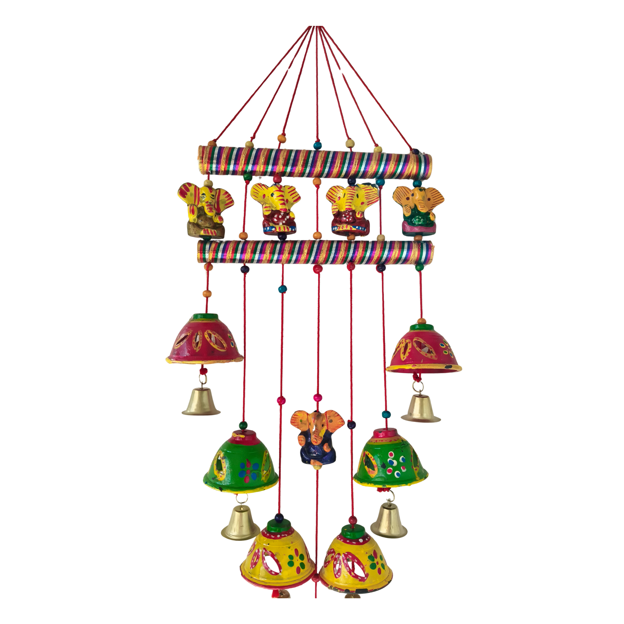 Vibrant Rajasthani Ganesh and Bell Wind Chime Wall Hanging