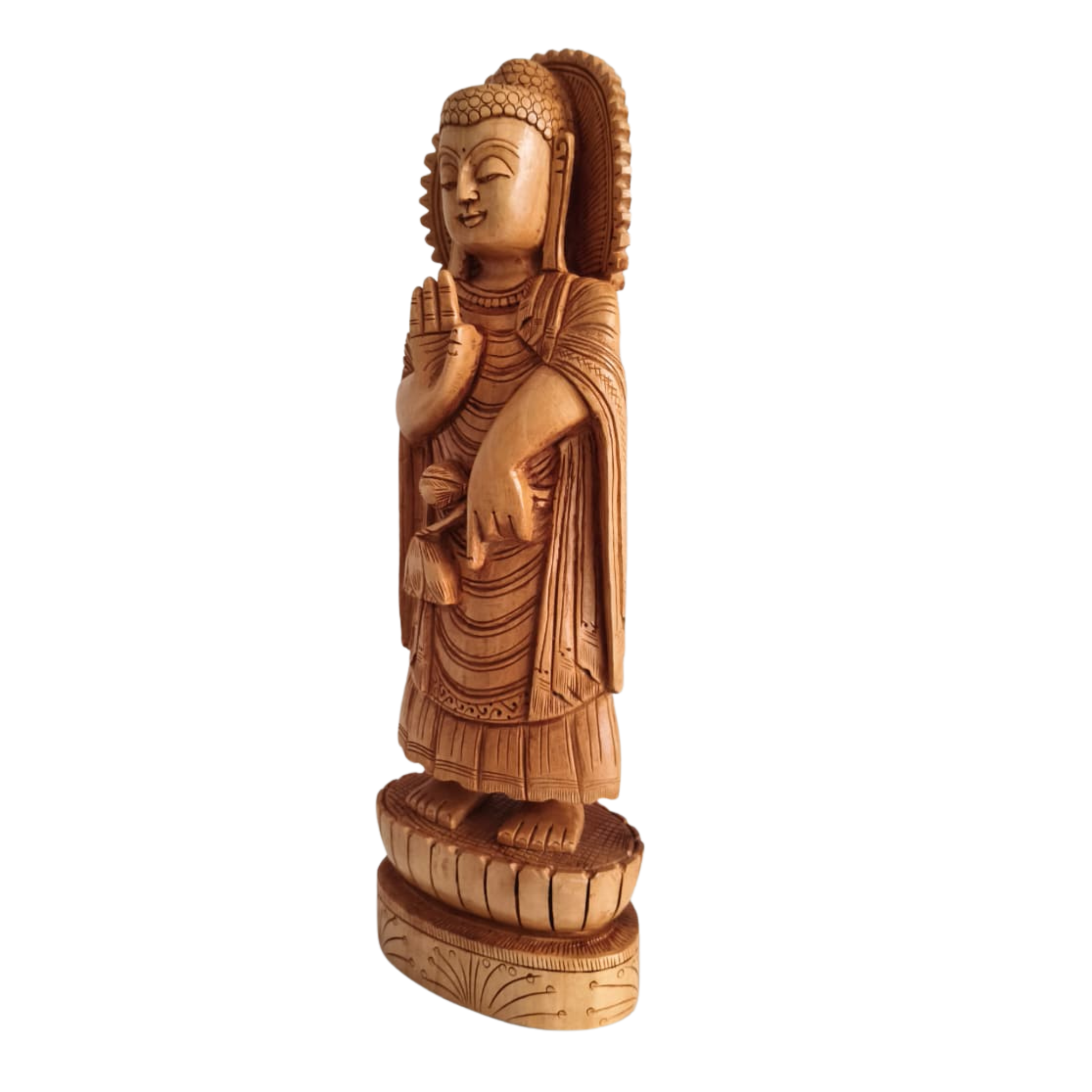 Standing Hand-Carved Wooden Buddha Statue in Abhaya Mudra
