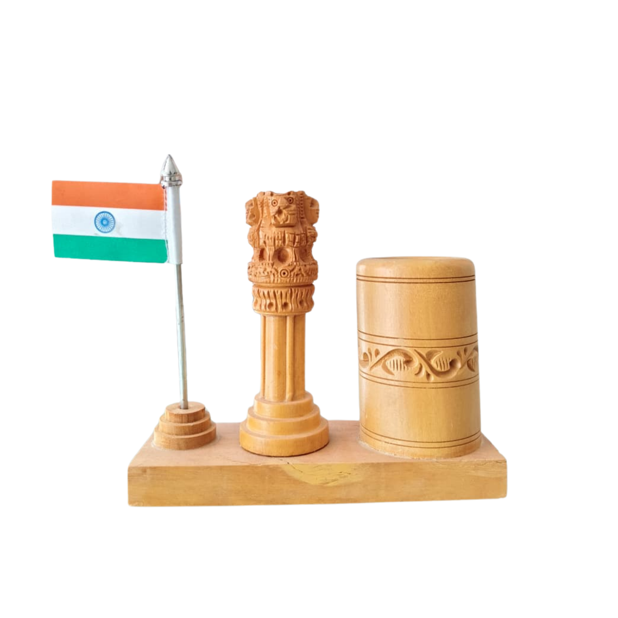 Ashoka Pillar Pen Stand – Wooden Office Table Accessory