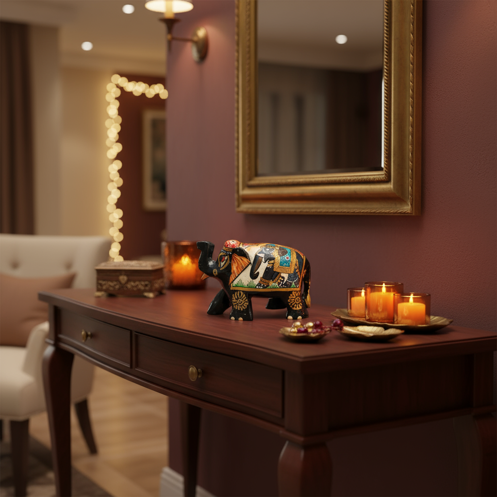 Hand-Painted Black Elephant Figurine with Traditional Indian Art