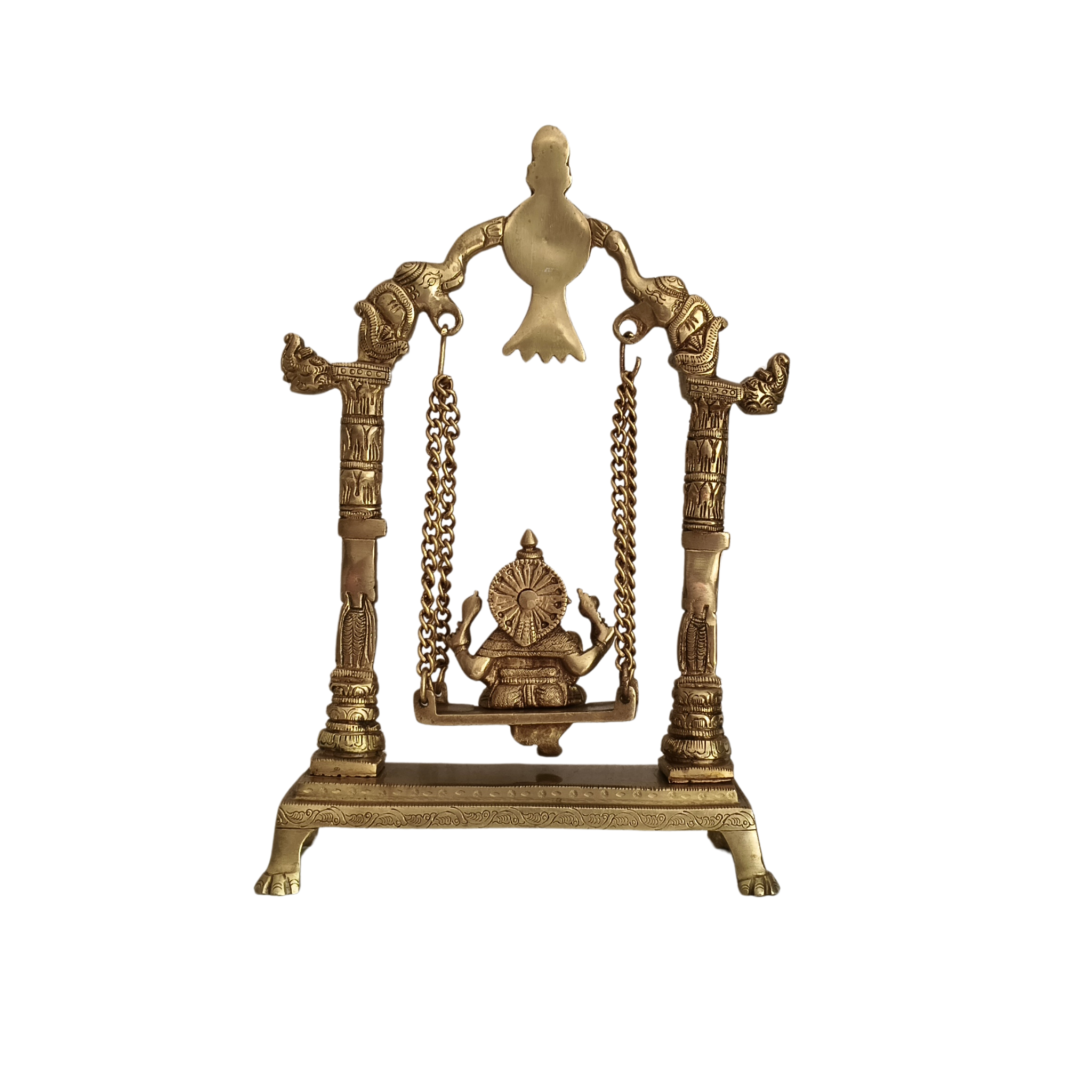 Unique Brass Lord Ganesha on Swing (Jhula): Idol of Joy, Playfulness, and Auspiciousness