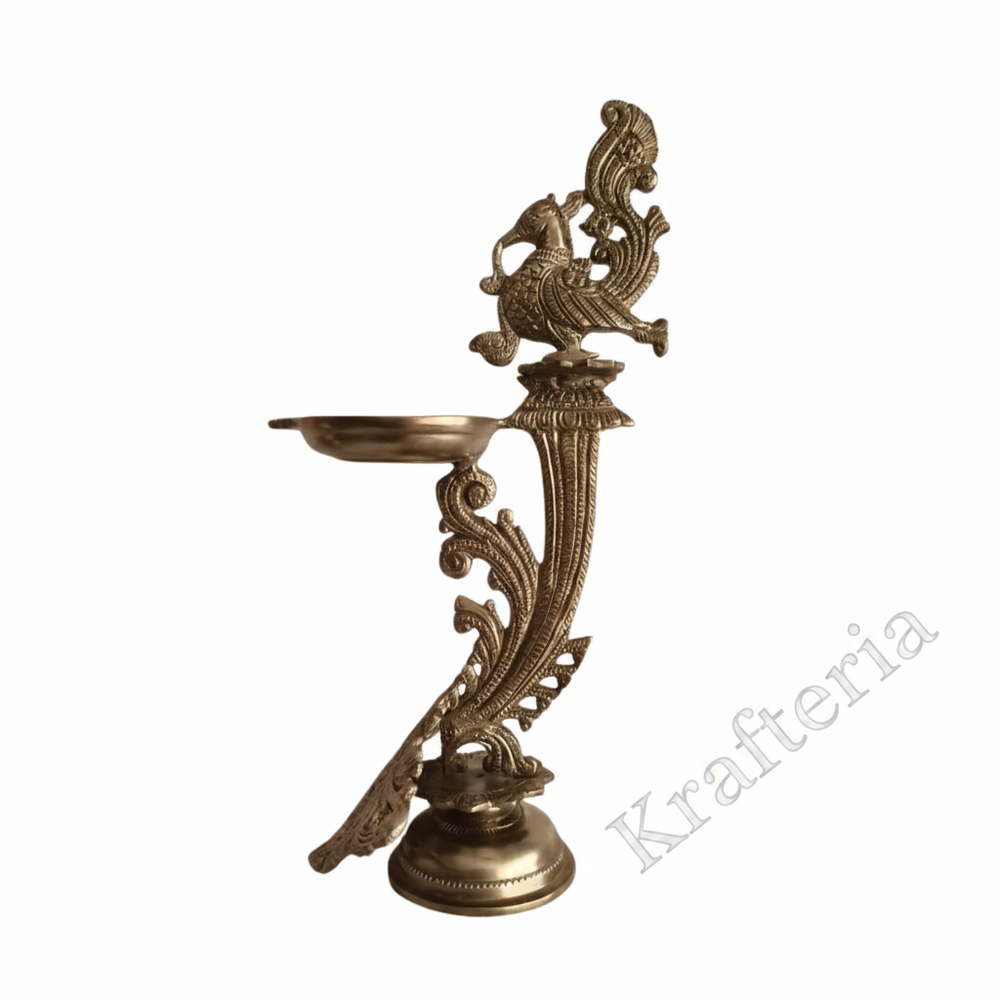 Traditional Hanging Peacock Oil Lamp for Home Temple & Festive Decor   Brass Artwork