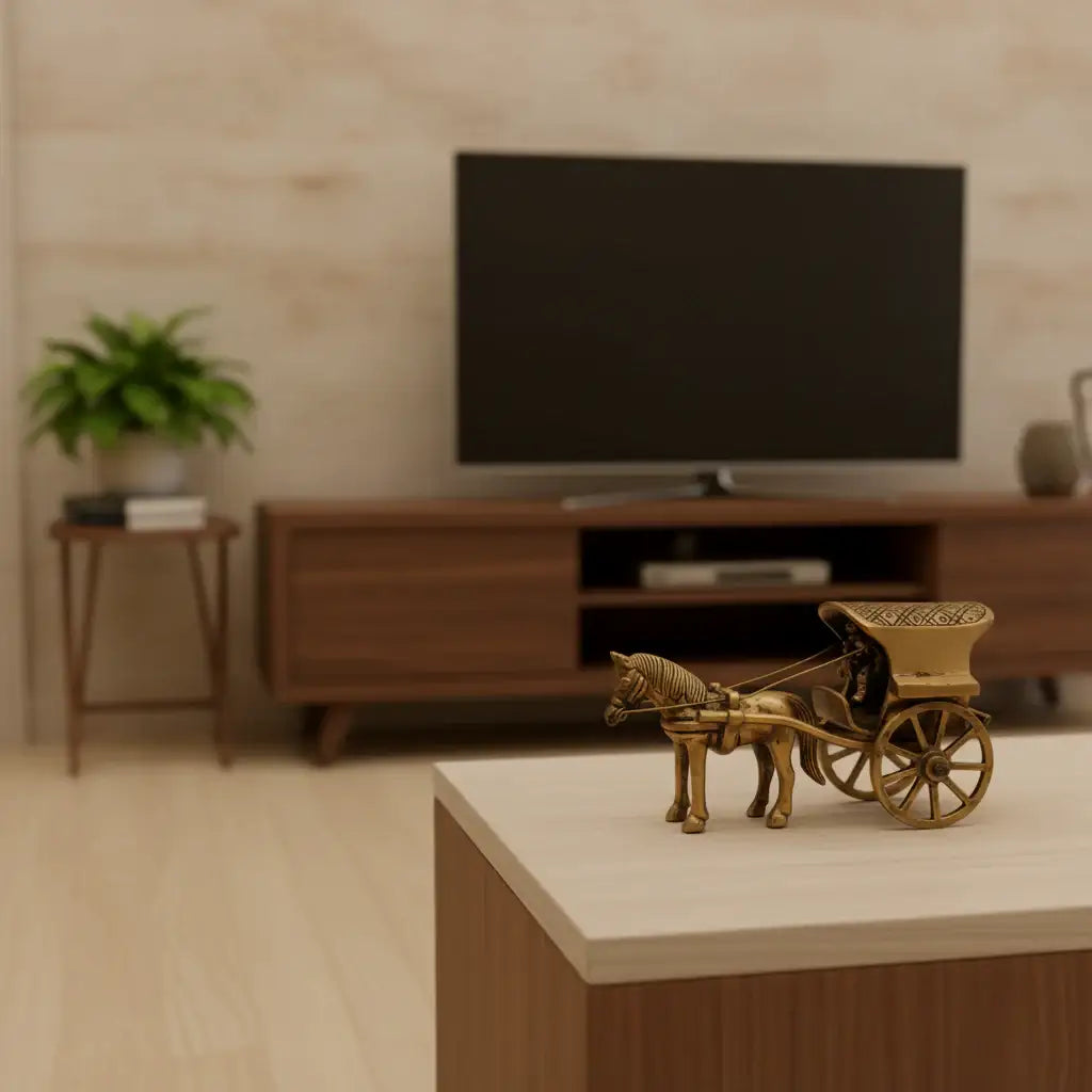 Vintage Style Brass Horse and Chariot Figurine | Handcrafted Indian Tonga / Buggy Decor   Brass Ware