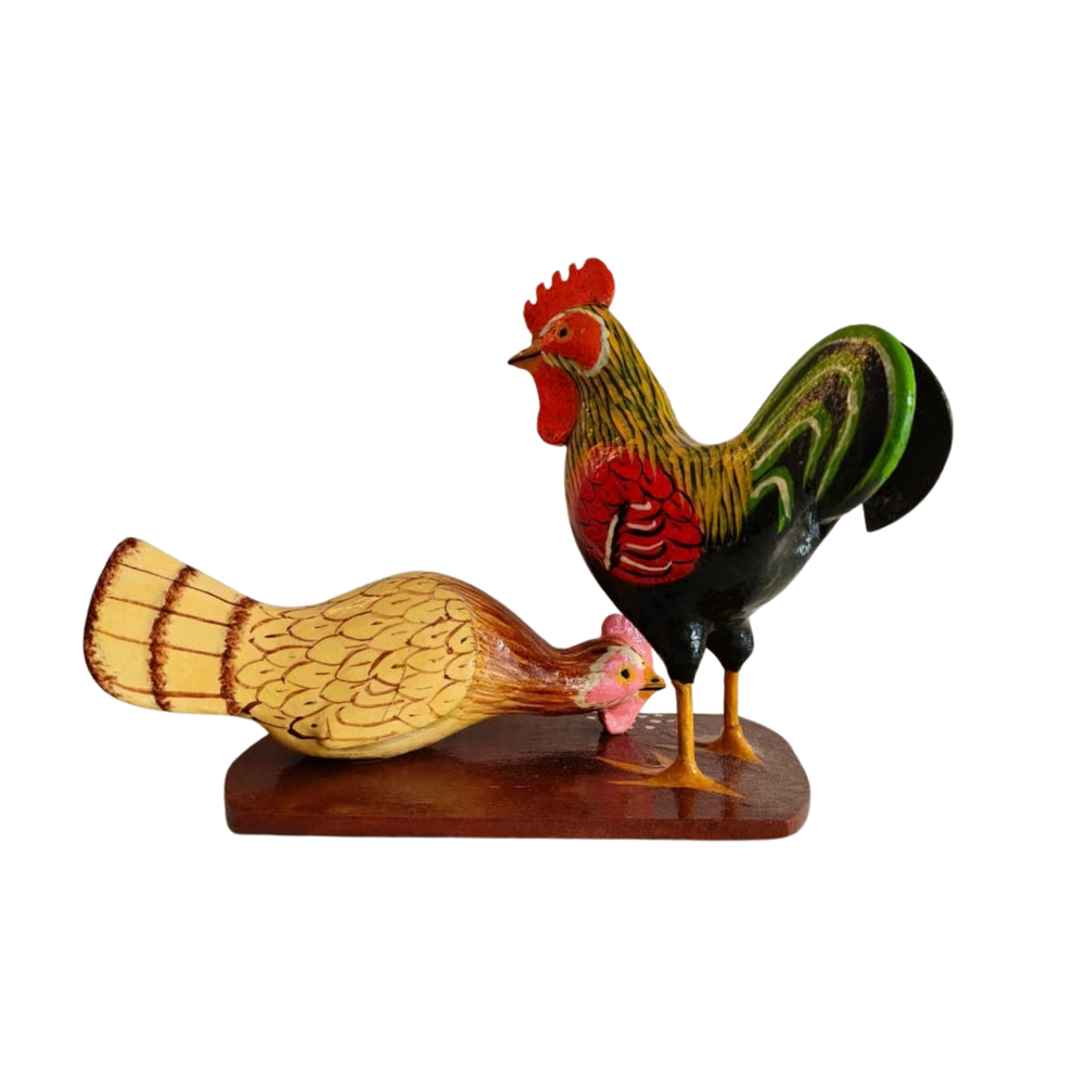 Hand-painted Nirmal lacquered rooster and hen toy set