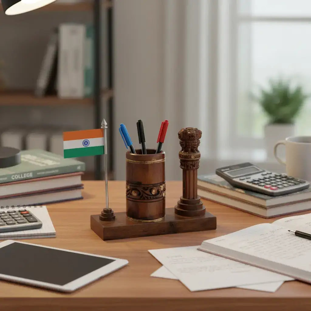 Ashoka Pillar Pen Stand – Wooden Office Table Accessory maruthi handicrafts