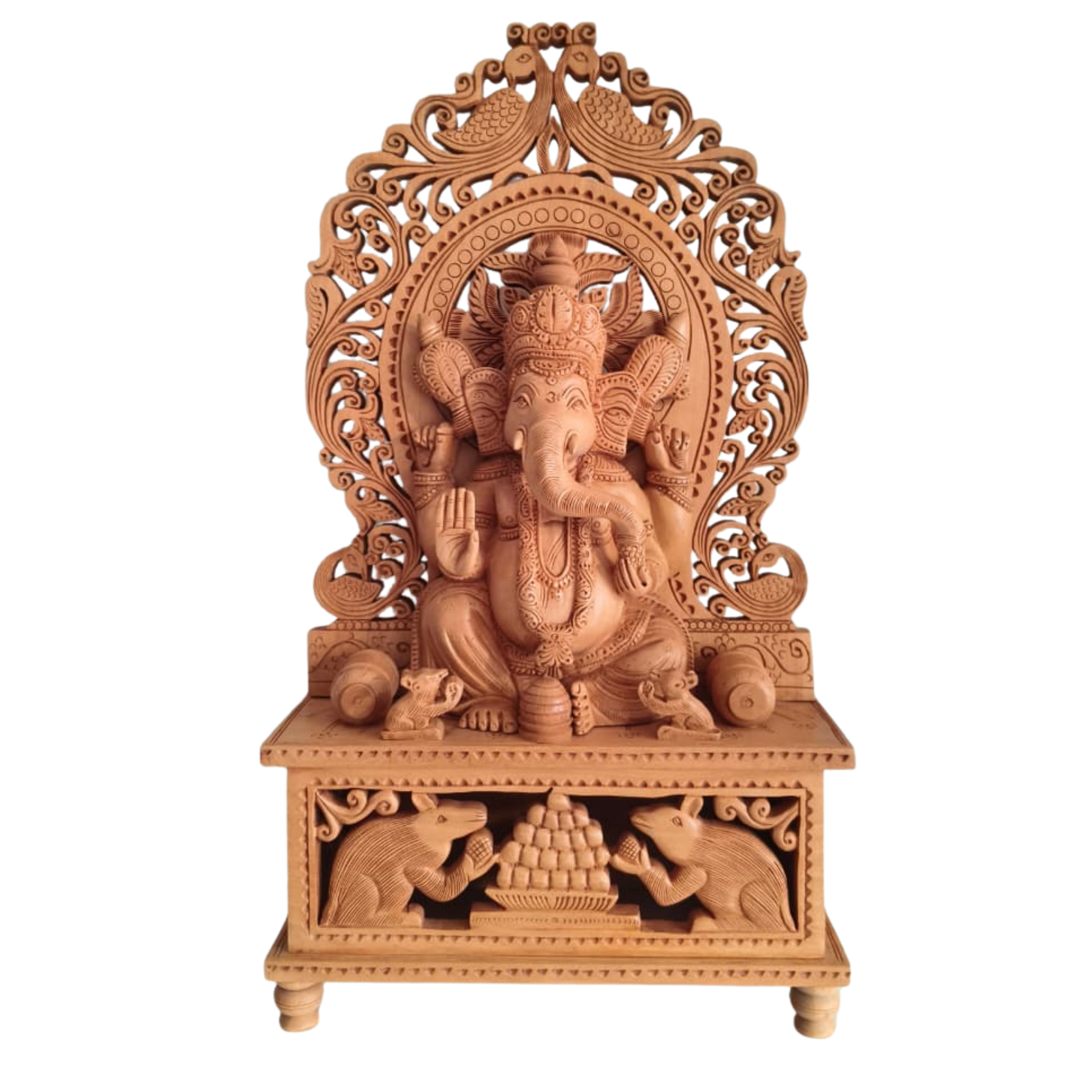 Grand Hand-Carved Wooden Ganesha Sculpture on Pedestal with Prabhavali and Mushaks
