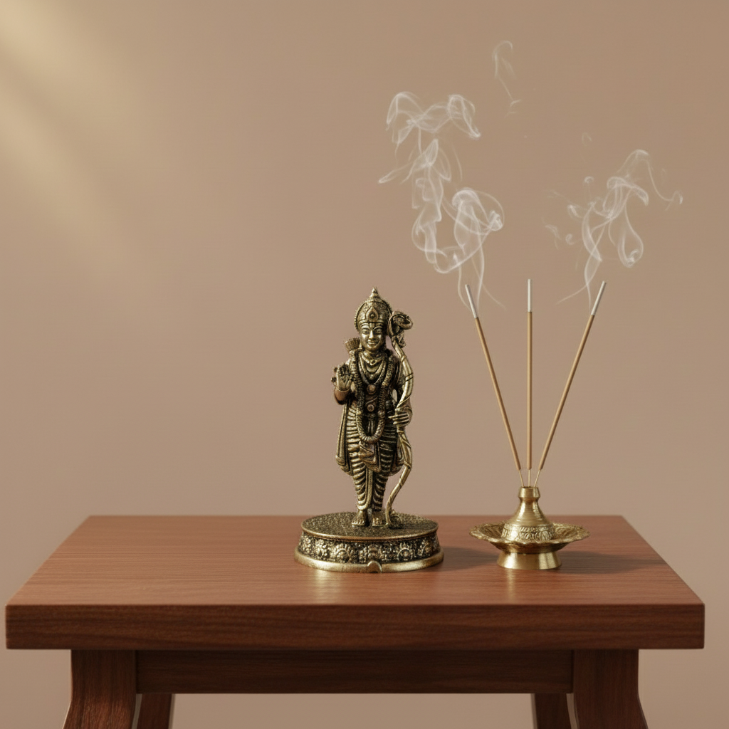 Antique Brass Idol of Lord Rama with Bow and Arrow on Etched Pedestal