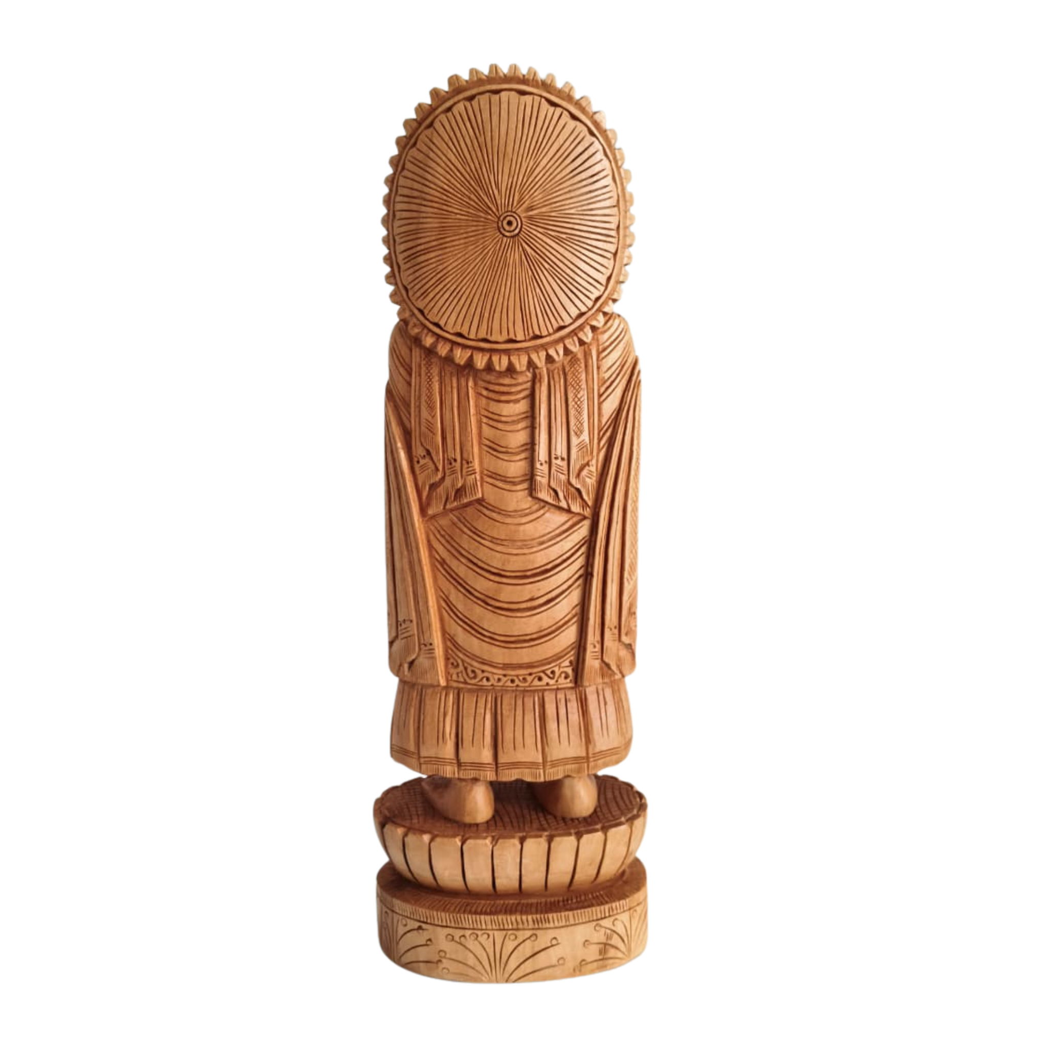 Standing Hand-Carved Wooden Buddha Statue in Abhaya Mudra