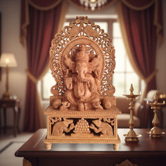 Grand Hand-Carved Wooden Ganesha Sculpture on Pedestal with Prabhavali and Mushaks