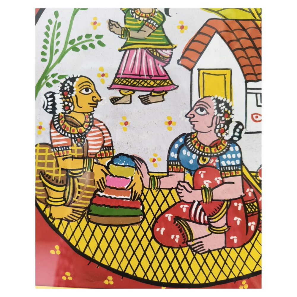 Authentic Cheriyal Art Painting of Indian Village Life – Framed Wall Decor   Cheriyala Painting