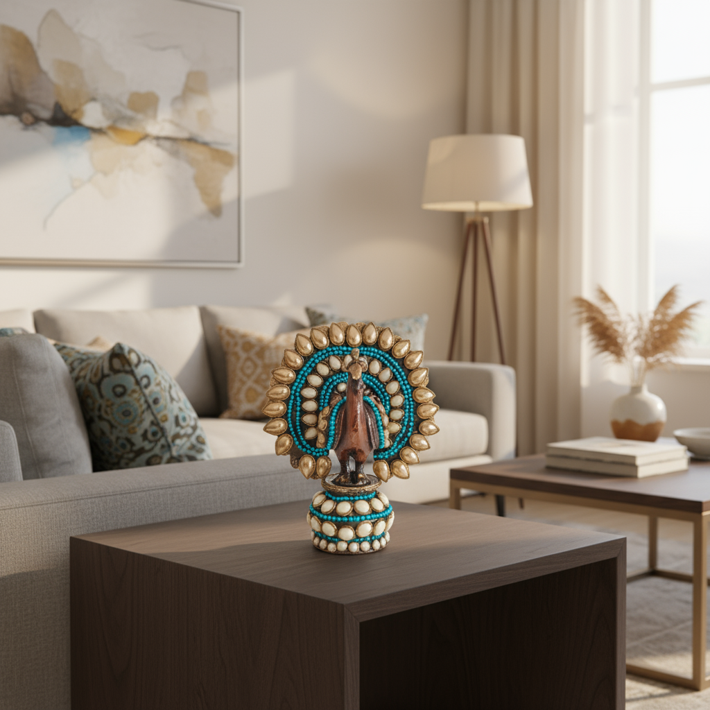 Handcrafted traditional Indian peacock showpiece with intricate adornments and vibrant hand-painted detailing