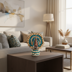 Handcrafted traditional Indian peacock showpiece with intricate adornments and vibrant hand-painted detailing