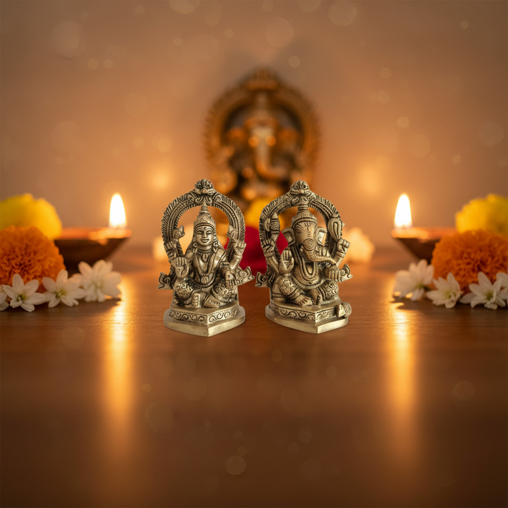 Ornate Brass Idols of Lord Ganesha and Goddess Lakshmi