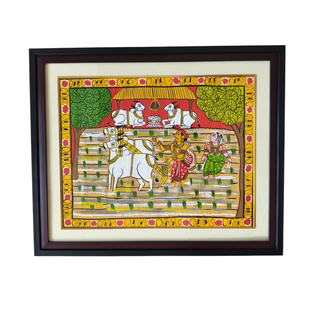 Hand-Painted Paddy Cultivation Cheriyal Painting – Telangana Farming Art   Cheriyala Painting