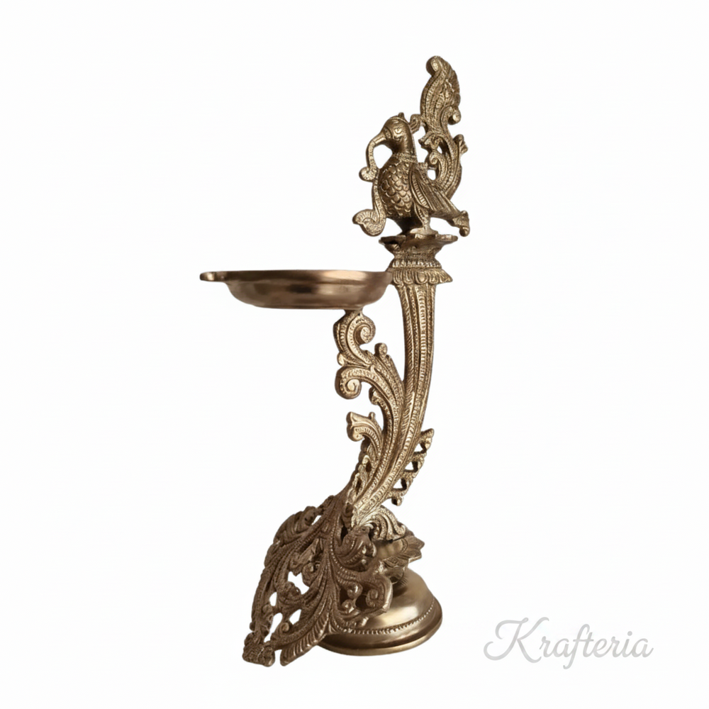 Traditional Hanging Peacock Oil Lamp for Home Temple & Festive Decor   Brass Artwork