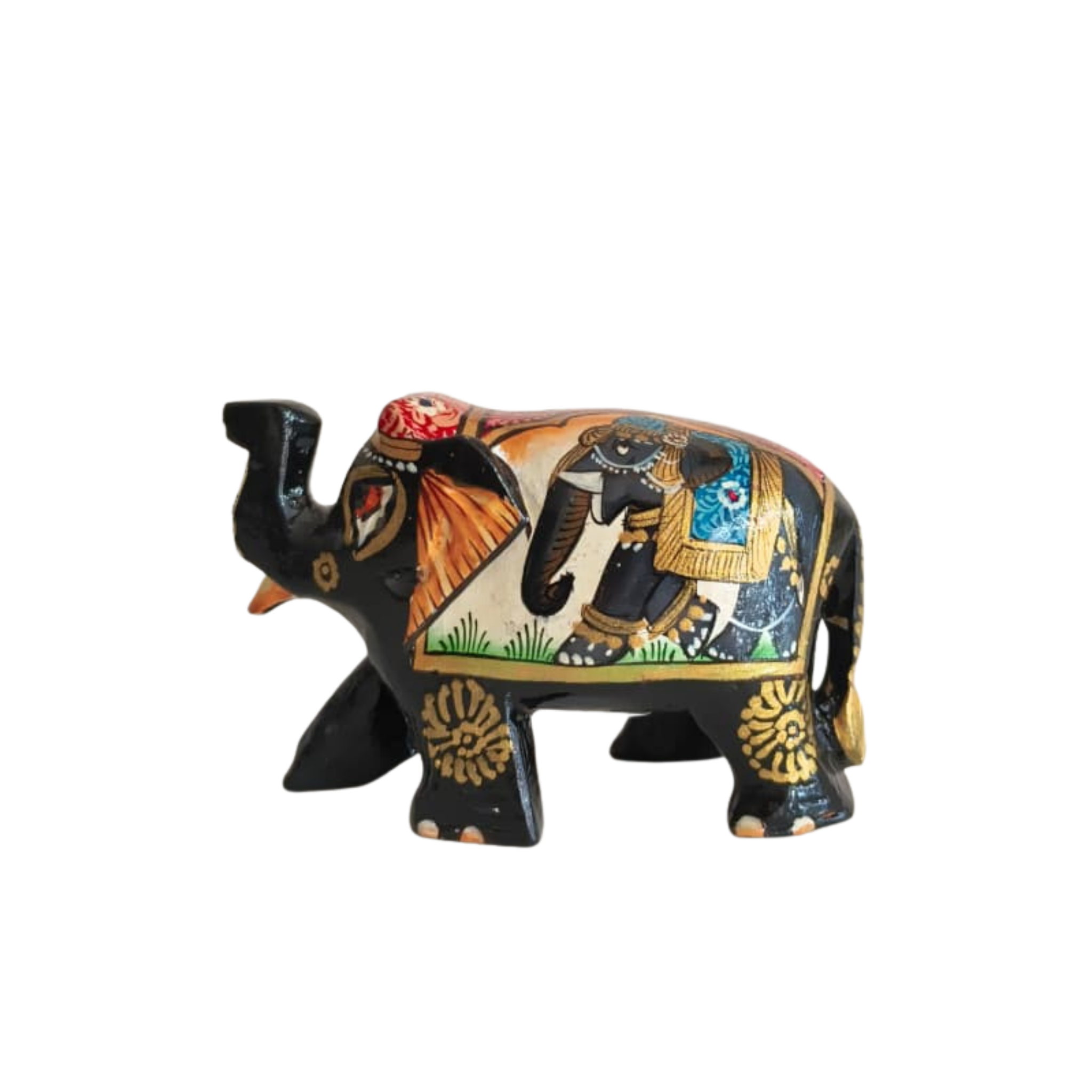 Hand-Painted Black Elephant Figurine with Traditional Indian Art