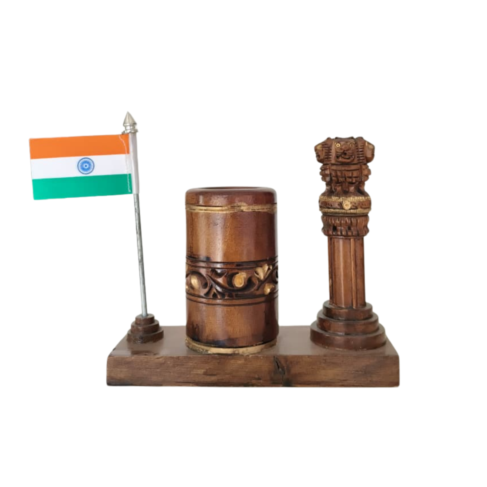 Ashoka Pillar Pen Stand – Wooden Office Table Accessory