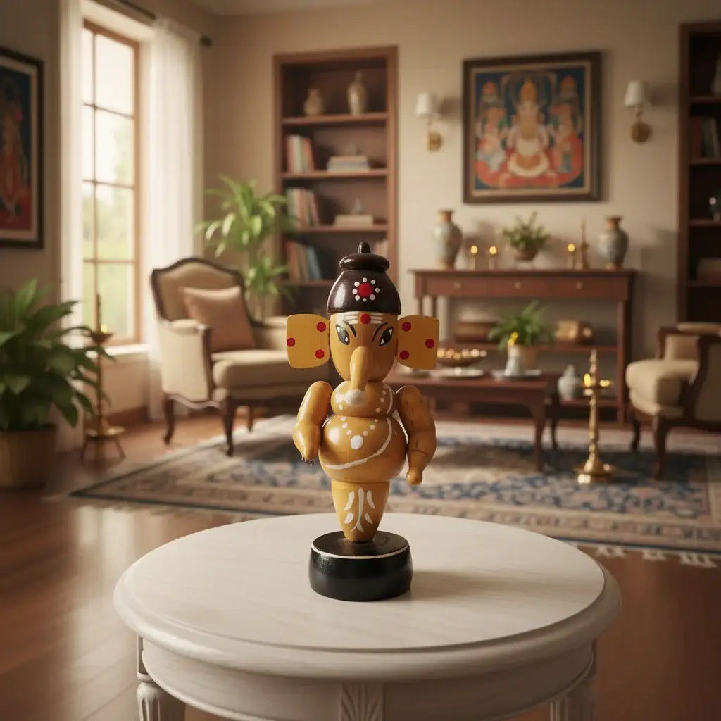 Handcrafted Wooden Ganesha Idol - Traditional Indian Home Decor   Etikoppaka Lacquerware