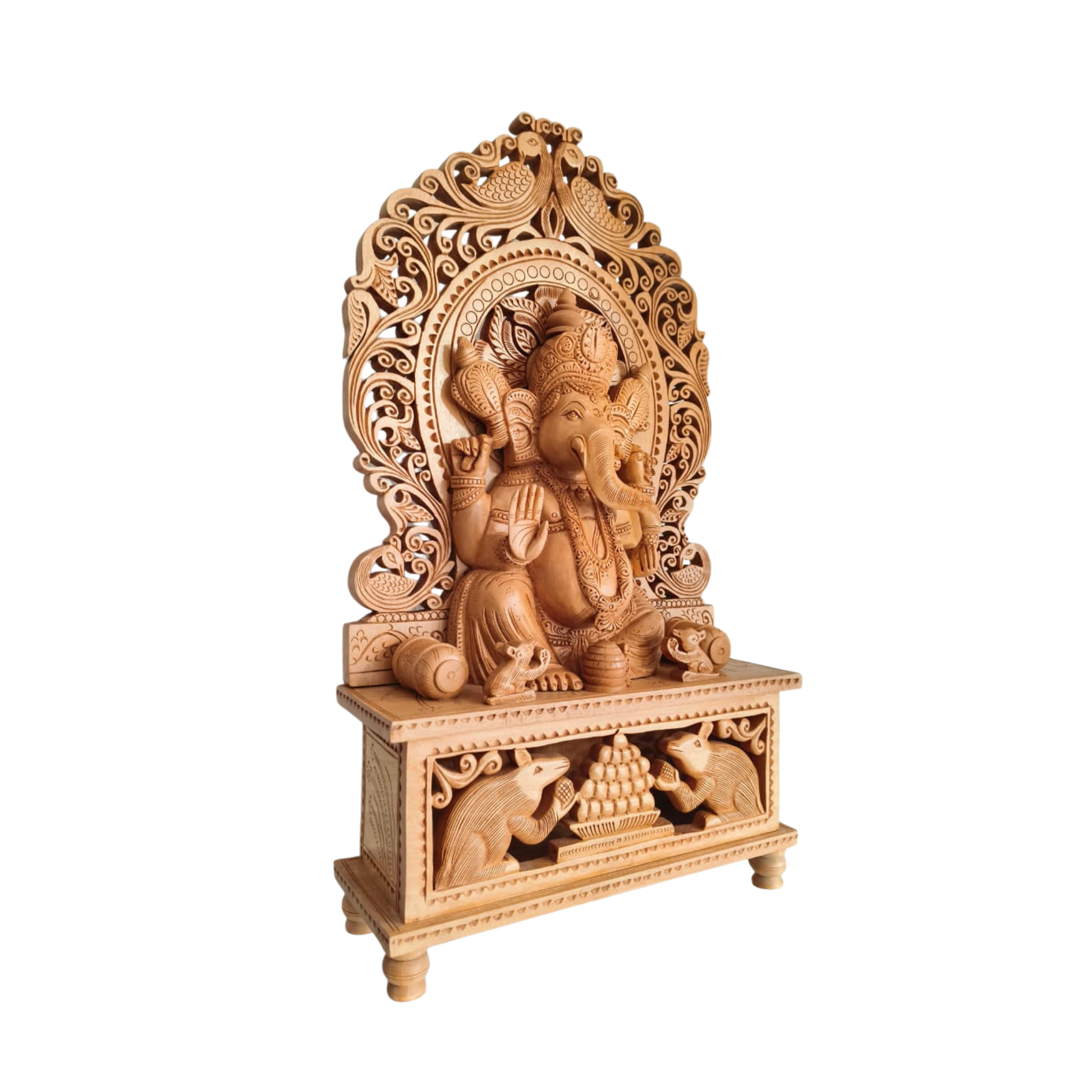 Grand Hand-Carved Wooden Ganesha Sculpture on Pedestal with Prabhavali and Mushaks