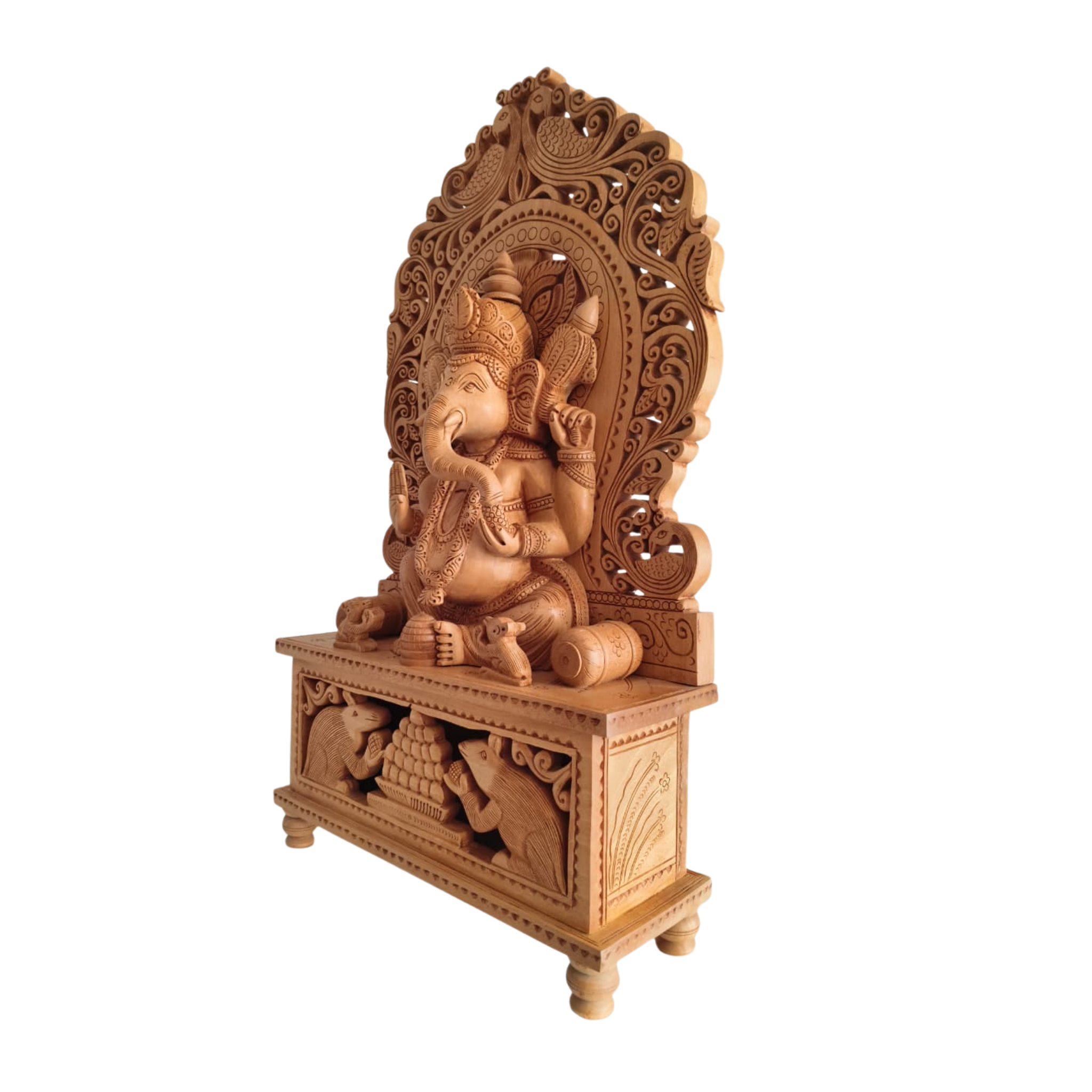 Grand Hand-Carved Wooden Ganesha Sculpture on Pedestal with Prabhavali and Mushaks