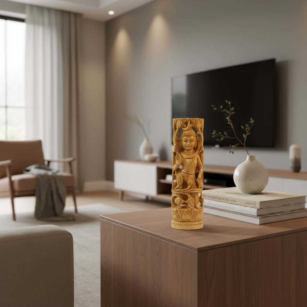 Hand-Carved Wooden Goddess Shiva Statue – Standing on Lotus