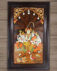 Handcrafted Mysore Rosewood Inlay – Lord Shiva Parivar Spiritual Wall Décor