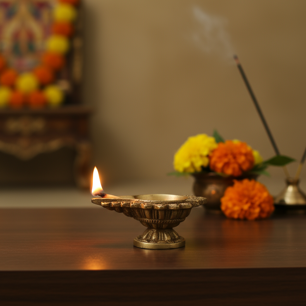 A small, golden brass diya with a decorative, intricately carved round base, holding a boat-shaped lamp on a white surface with a light-colored background.