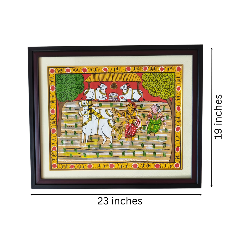 Hand-Painted Paddy Cultivation Cheriyal Painting – Telangana Farming Art   Cheriyala Painting