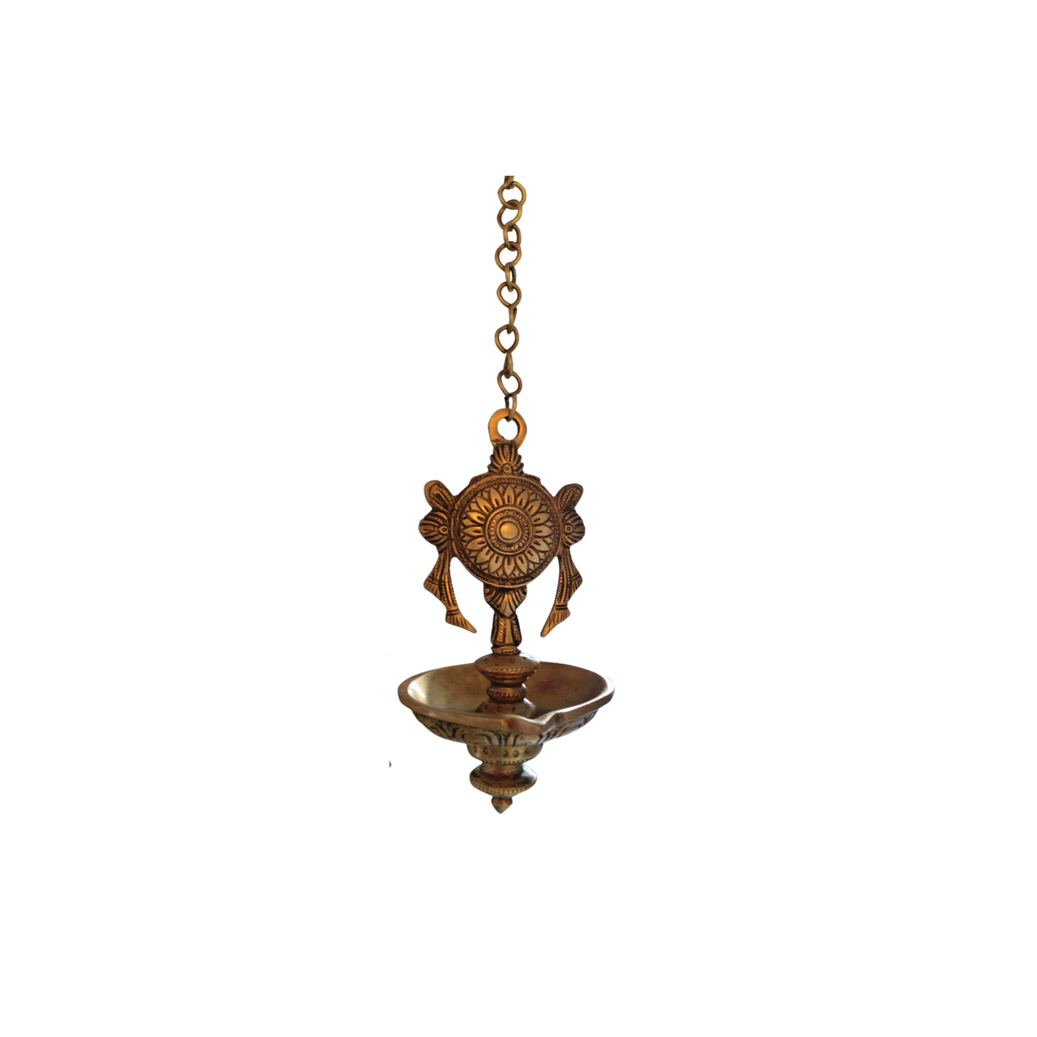 Traditional Handcrafted Hanging Brass Diya/Deepam with Chain and Decorative Chakra