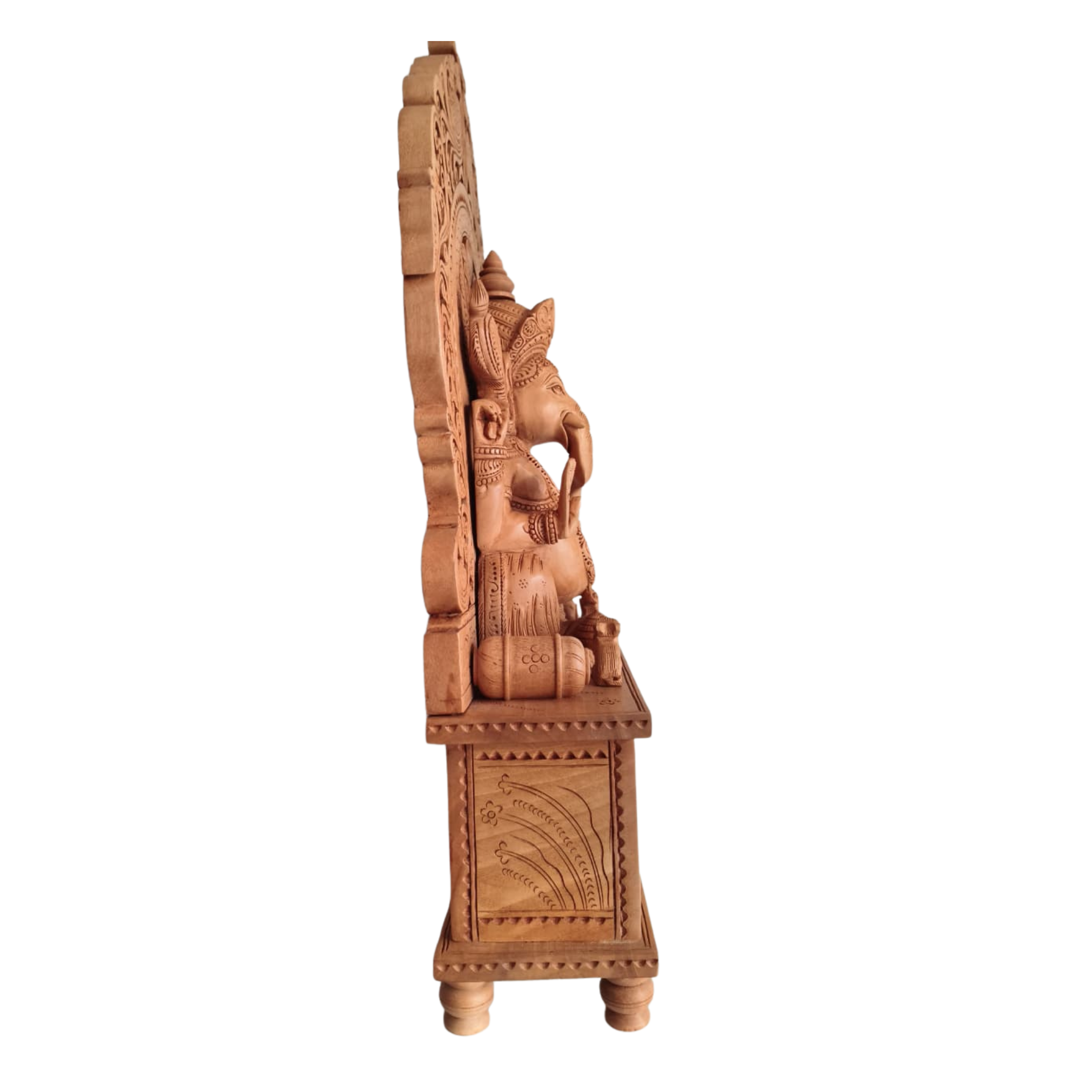 Grand Hand-Carved Wooden Ganesha Sculpture on Pedestal with Prabhavali and Mushaks