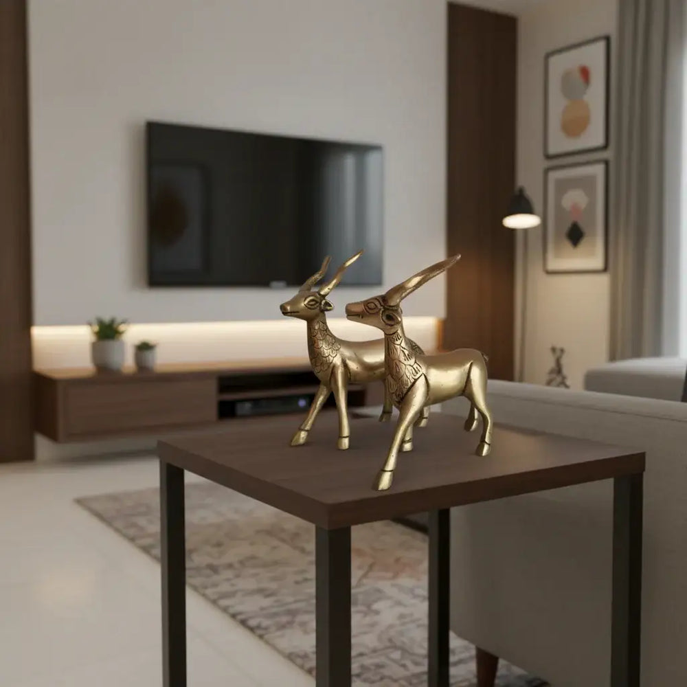 Handcrafted Brass Deer Pair Statues | Elegant Antelope Figurines for Home Decor   Brass Ware