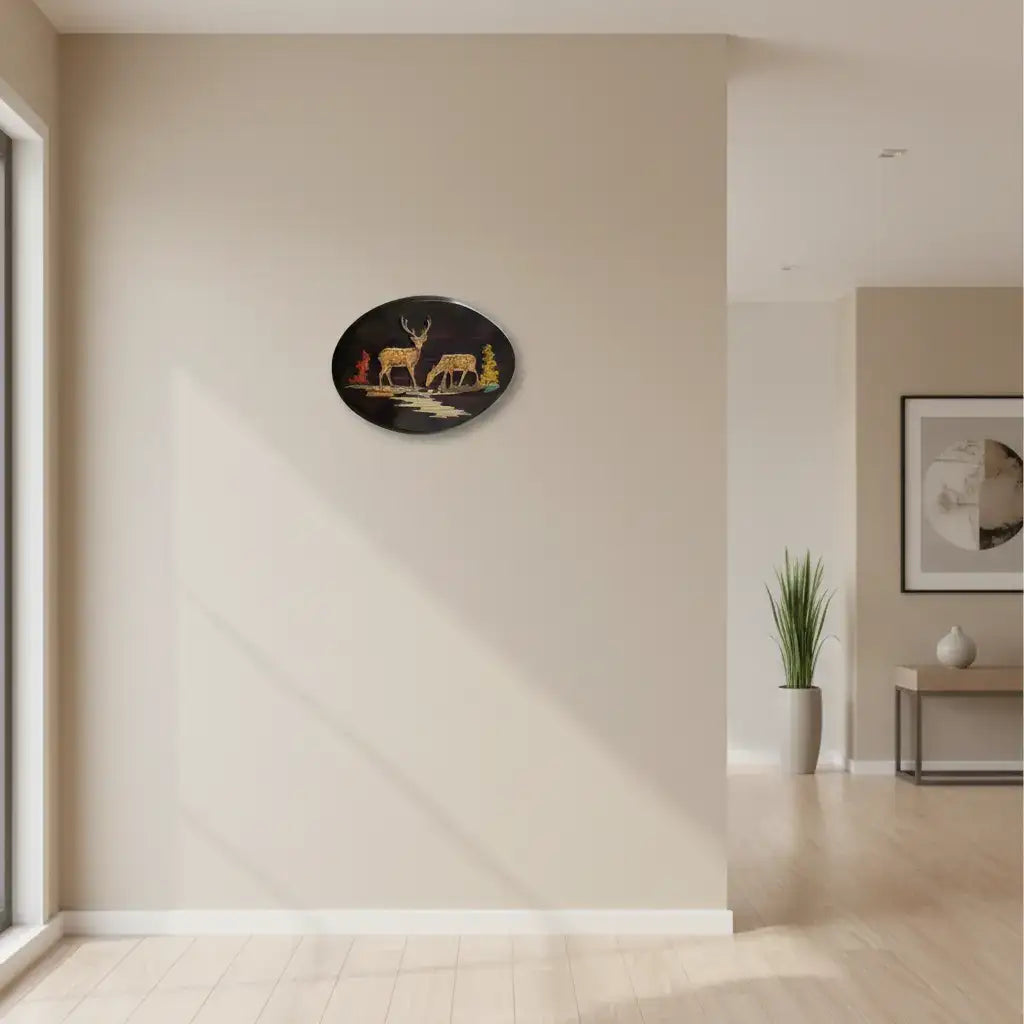 Tranquil Deer Silhouette – Handcrafted Oval Rosewood Inlay Artwork   Inlay Art