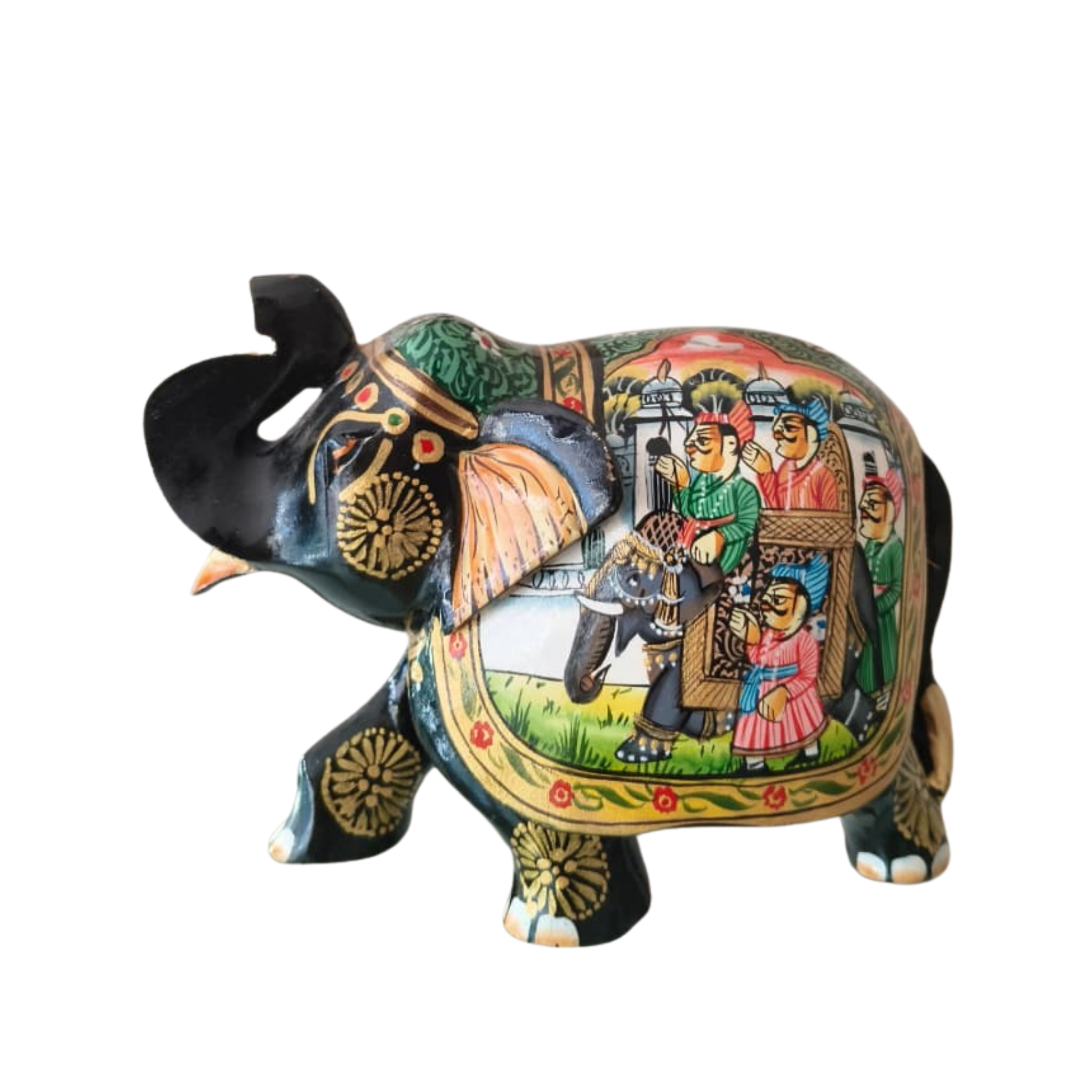 Black Painted Wooden Mughal Elephants – Elegant Decorative Figurines