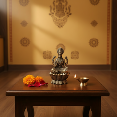 Brass Goddess Lakshmi Idol Seated on Lotus